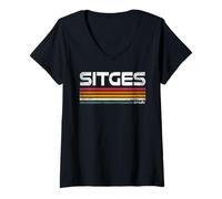 Mujer Sitges España Retro Rayas Vintage Viajes Camiseta Cuello V