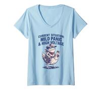 Mujer Situación Actual Pánico Leve Rana de Alto Voltaje Camiseta Cuello V