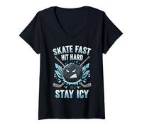 Mujer Skate Fast Hit Hard Stay Icy Angry Hockey Puck Art Camiseta Cuello V