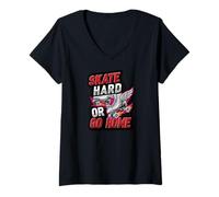 Mujer Skate Hard or Go Home Retro Roller Skates Design Camiseta Cuello V