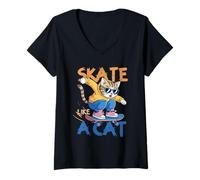 Mujer Skate Like A Cat Skater Patinador felino Kitty Camiseta Cuello V
