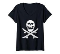 Mujer Skate Skull and Crossbones Skateboard Camiseta Cuello V