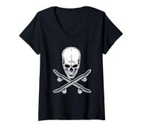 Mujer Skate Skull and Crossbones Skateboard Camiseta Cuello V