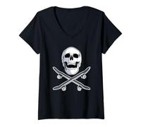 Mujer Skate Skull and Crossbones Skateboard Camiseta Cuello V