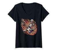 Mujer Skeleton Guitar Player Rock Band Guitarrista Músico Gráfico Camiseta Cuello V