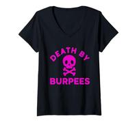 Mujer Skeleton Gym Death by Burpees Lindo Divertido Entrenamiento Rosa Camiseta Cuello V