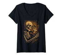 Mujer Skeleton Hugging Cat Cute Halloween Graphic Camiseta Cuello V