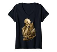 Mujer Skeleton Hugging Cat Cute Halloween Graphic Camiseta Cuello V