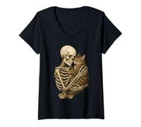 Mujer Skeleton Hugging Cat Cute Halloween Graphic Camiseta Cuello V
