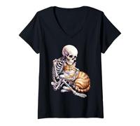 Mujer Skeleton Hugging Cat Cute Halloween Graphic Camiseta Cuello V