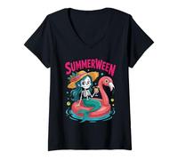 Mujer Skeleton Mermaid Floatie Happy Summerween Halloween Spooky Camiseta Cuello V