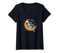 Mujer Skeleton on Crescent Moon Spooky Gothic Stars Sky Art Camiseta Cuello V