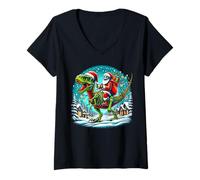 Mujer Skeleton Santa Riding T Rex Dinosaur Funny Christmas Camiseta Cuello V