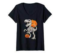 Mujer Skeleton Trex Dinosaurio Calabaza Halloween Niños Niñas Niños Camiseta Cuello V