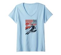 Mujer Ski Mountain Snow Skiing Retro Winter Vacation Camiseta Cuello V