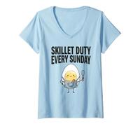 Mujer Skillet Duty Todos los domingos Cocinar Desayuno Amante de la Comida Humor Camiseta Cuello V