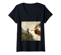 Mujer Skippity Paps Gato y Miguel Ángel Creación de Adán Parodia Camiseta Cuello V