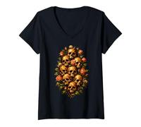 Mujer Skull Rose Bouquet Dark Gothic Vanitas Art Floral Camiseta Cuello V