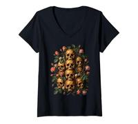 Mujer Skull Rose Bouquet Dark Gothic Vanitas Art Floral Camiseta Cuello V