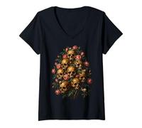 Mujer Skull Rose Bouquet Dark Gothic Vanitas Art Floral Camiseta Cuello V