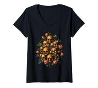 Mujer Skull Rose Bouquet Dark Gothic Vanitas Art Floral Camiseta Cuello V