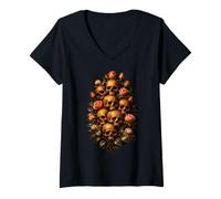 Mujer Skull Rose Bouquet Dark Gothic Vanitas Art Floral Camiseta Cuello V