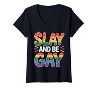 Mujer Slay and Be Gay Orgullo de celebración LGBTQ ||- Camiseta Cuello V