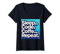 Mujer Sleep Code Coffee Repeat Ingeniero de desarrollo de codificación de TI Camiseta Cuello V
