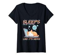 Mujer SLEEPS ON MY LAPTOP LIKE IT'S HERS Camiseta Cuello V