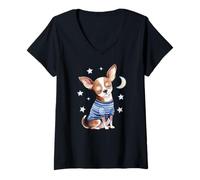 Mujer Sleepy Chihuahua Stars and Moon Dog Lover Pijama para Dormir Camiseta Cuello V