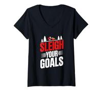 Mujer Sleigh Your Goals Santa Merry Christmas Motivación Citas Camiseta Cuello V