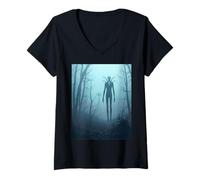 Mujer Slenderman sin rostro acecha bosques de Connecticut Camiseta Cuello V