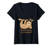 Mujer Sloth Tea Time - La productividad es una mentalidad Diseño divertido Camiseta Cuello V