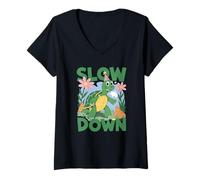 Mujer Slow Down Happy Turtle Party Hat Relajante Vida Dibujos Animados Camiseta Cuello V