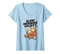Mujer Slow Morning Society Sleepy Sloth Café Humor Camiseta Cuello V