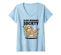 Mujer Slow Morning Society Sleepy Sloth Café Humor Camiseta Cuello V