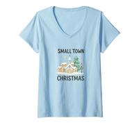 Mujer Small Town Christmas - Cozy Watercolor Church & Village Snow Camiseta Cuello V