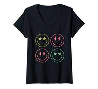 Mujer Smile World with Cute Aesthetic Icon Faces Camiseta Cuello V