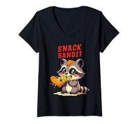 Mujer SNACK BANDIT Lindo mapache Pizza 90s Estilo de dibujos animados Camiseta Cuello V