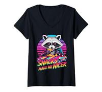 Mujer Snacks Make Me Nicer Funny 80s 90s Raccoon Retro Meme Animal Camiseta Cuello V