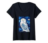 Mujer Snowy Owl (Hedwig) - Pintura Nocturna Estrellada para Hombres, Mujeres y niños Camiseta Cuello V