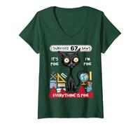 Mujer Sobreviví 67 Días Funny Cat School Six Seven Meme Camiseta Cuello V
