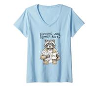 Mujer Sobreviviendo hasta Las Vacaciones de Verano Mapache Divertido Maestro Camiseta Cuello V