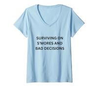 Mujer Sobrevivir en S'Mores y Malas Decisiones Camping Diversión Camiseta Cuello V