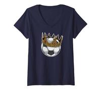 Mujer Soccer King Crown Premio al Mejor Jugador Divertido Camiseta Cuello V, Azul Marino, XL