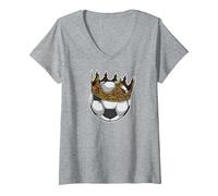 Mujer Soccer King Crown Premio al Mejor Jugador Divertido Camiseta Cuello V, Gris Jaspeado, XXL