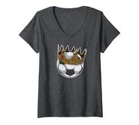 Mujer Soccer King Crown Premio al Mejor Jugador Divertido Camiseta Cuello V, Jaspeado Oscuro, XL