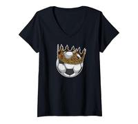 Mujer Soccer King Crown Premio al Mejor Jugador Divertido Camiseta Cuello V, Negro, XL