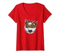 Mujer Soccer King Crown Premio al Mejor Jugador Divertido Camiseta Cuello V, Rojo, XL