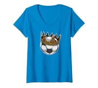 Mujer Soccer King Crown Premio al Mejor Jugador Divertido Camiseta Cuello V, Zafiro, M